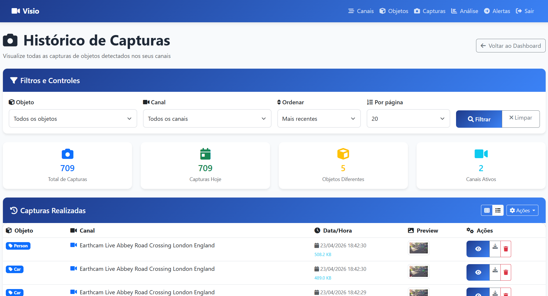 Histórico de capturas